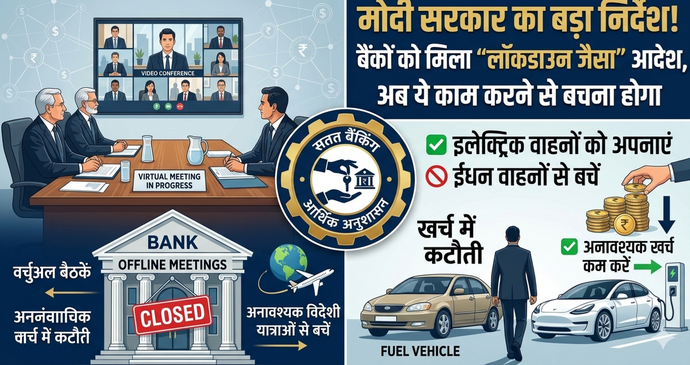 बैंक अधिकारीयों की वर्चुअल मीटिंग और खर्च में कटौती के निर्देशों को दर्शाती इन्फोग्राफिक इमेज|