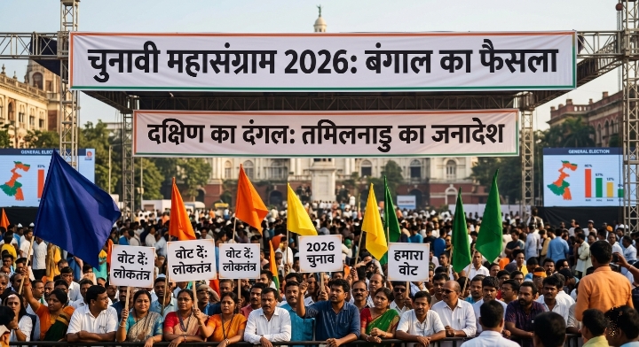 बंगाल और तमिलनाडू चुनाव 2026 की जनसभा का दृश्य 