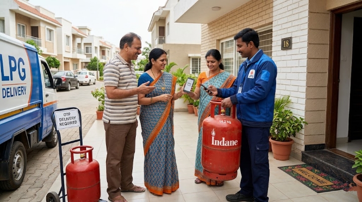 LPG cylinder delivery process with OTP verification in India. 