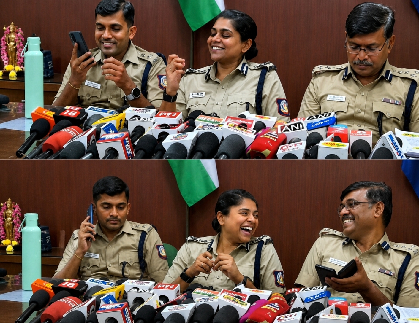 प्रेस कांफ्रेंस में हँसते पुलिस अधिकारी