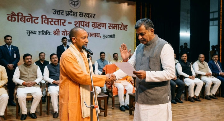 उत्तर प्रदेश में योगी आदित्यनाथ कैबिनेट विस्तार के दौरान नए मंत्रियों का शपथ ग्रहण समारोह|