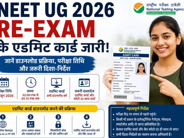 NEET UG 2026 रे-एग्जाम एडमिट कार्ड डाउनलोड करते छात्र. NEET UG 2026 Re Exam Admit Card.