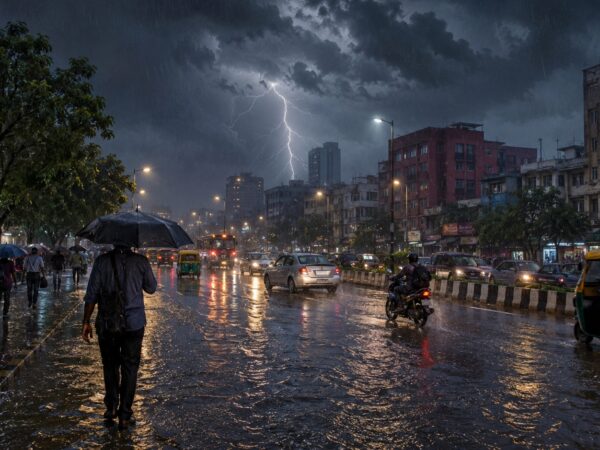 भारत के शहर में मानसून के दौरान तेज बारिश.