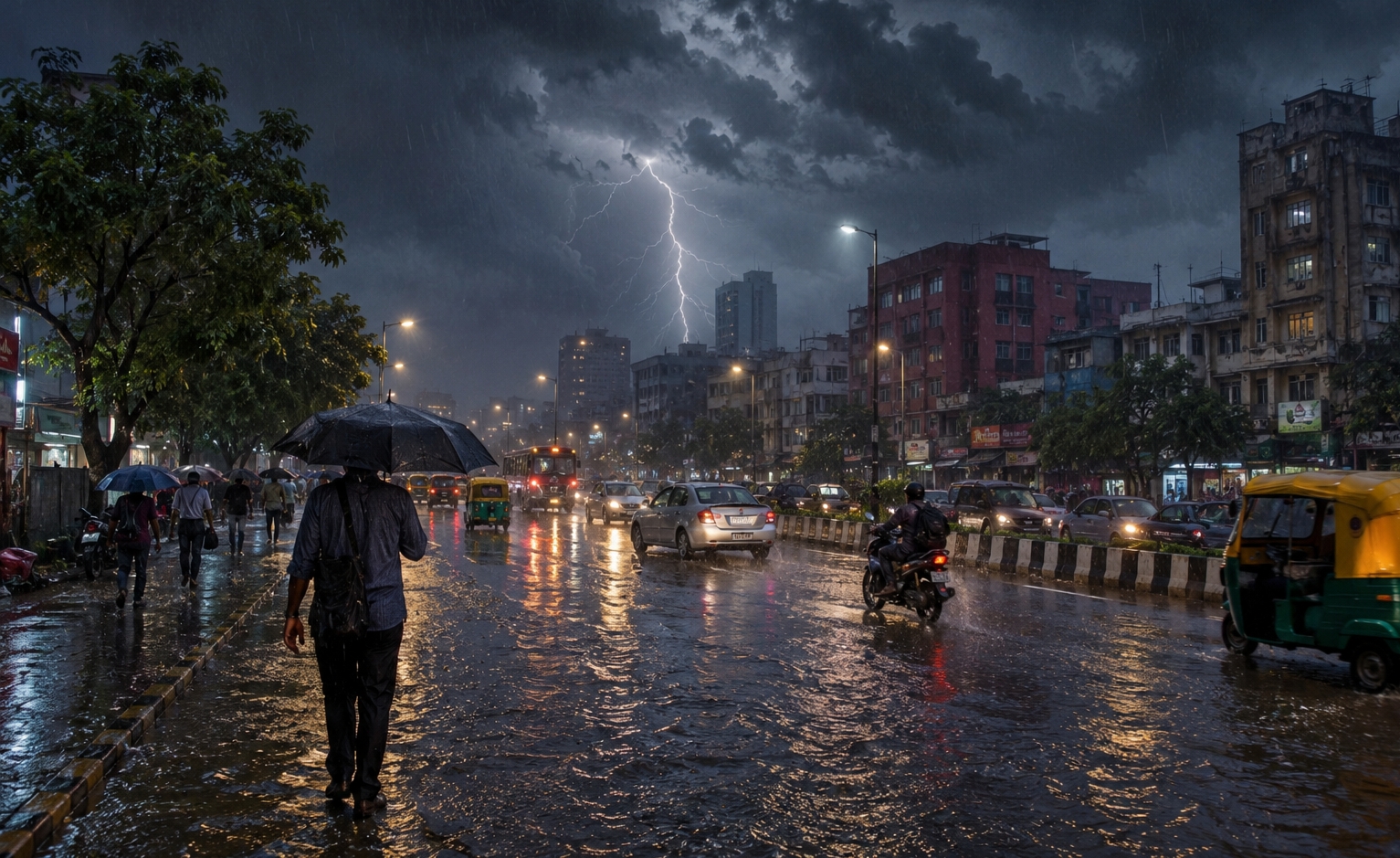 भारत के शहर में मानसून के दौरान तेज बारिश.