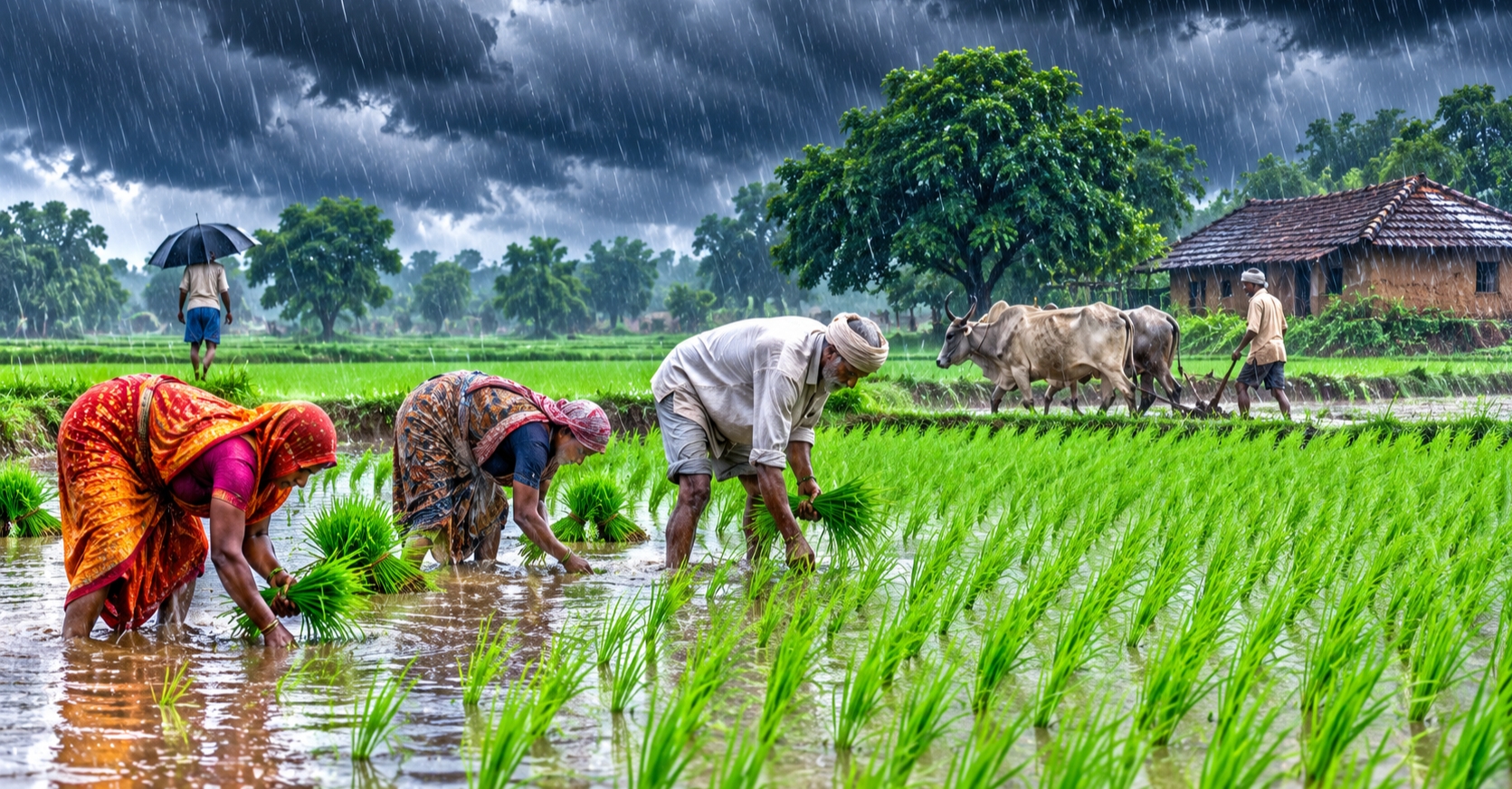 मानसून में धान के खेत में काम करते किसान |