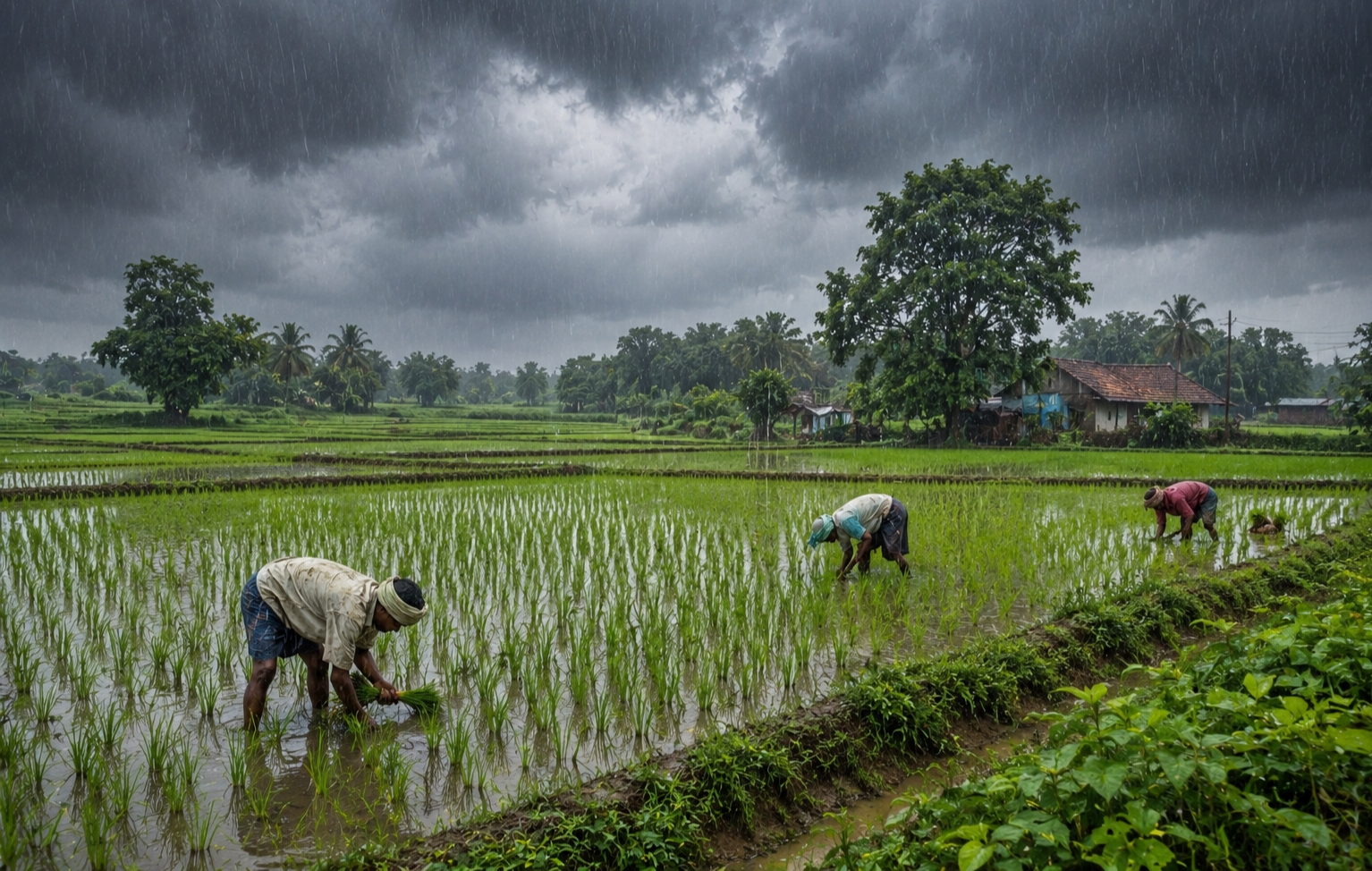 मानसून में धान के खेत में काम करते किसान.