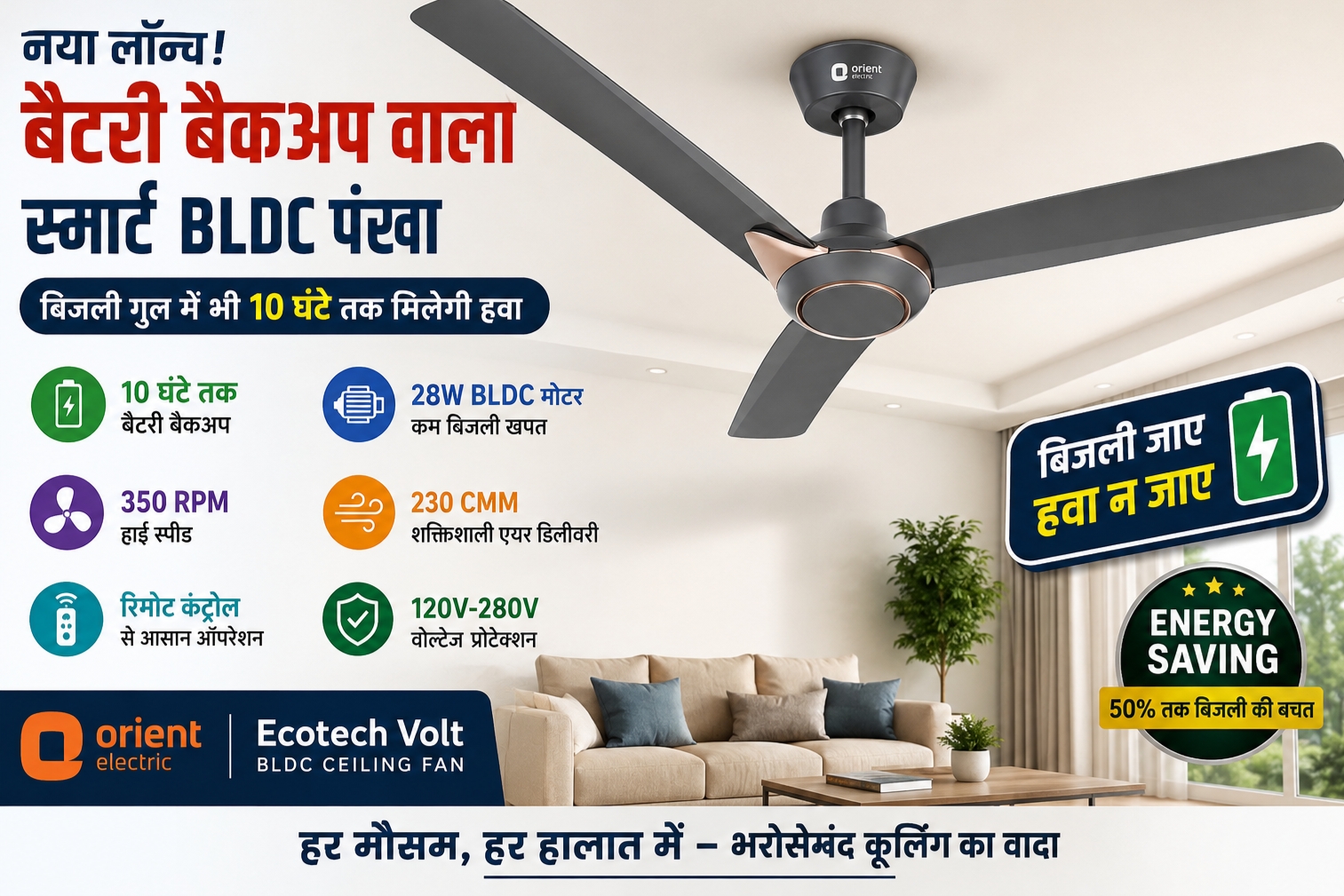 10 घंटे बैटरी बैकअप वाला BLDC पंखा.