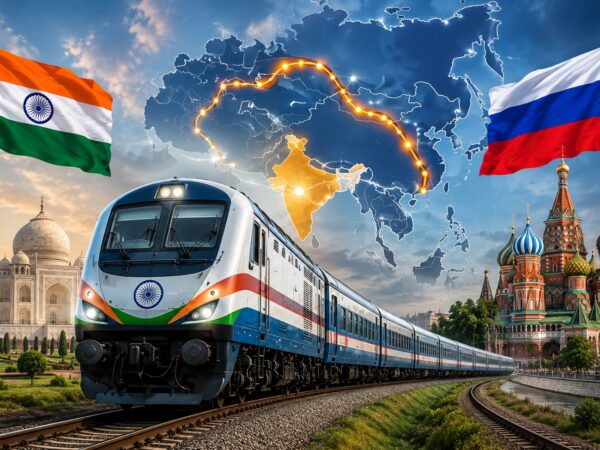 भारत-रूस रेल के बीच संभावित रेल कनेक्टिविटी दर्शाती आधुनिक ट्रेन.