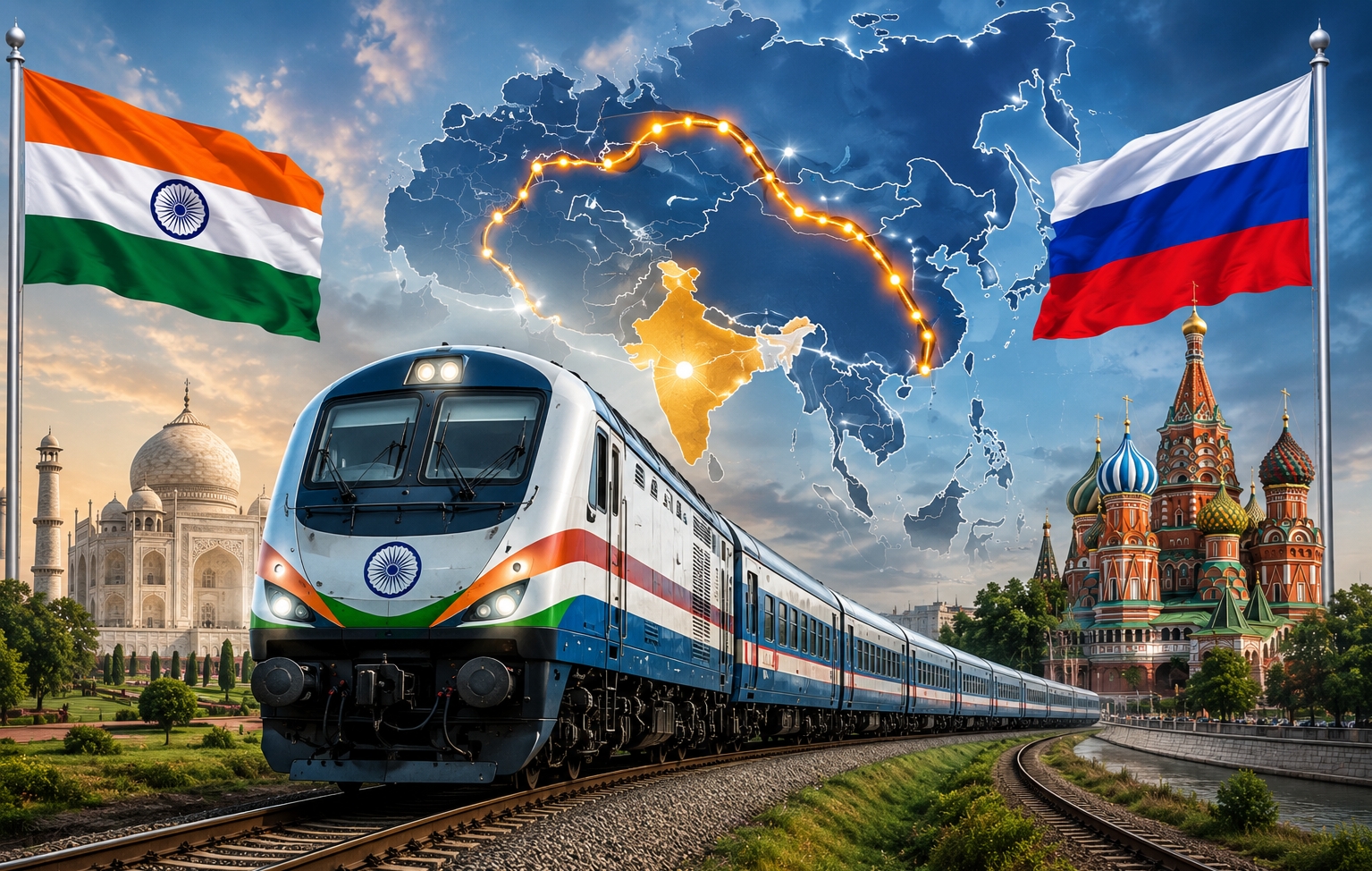 भारत-रूस रेल के बीच संभावित रेल कनेक्टिविटी दर्शाती आधुनिक ट्रेन.