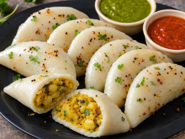 मसालेदार आलू भरकर बने चावल के फरे|