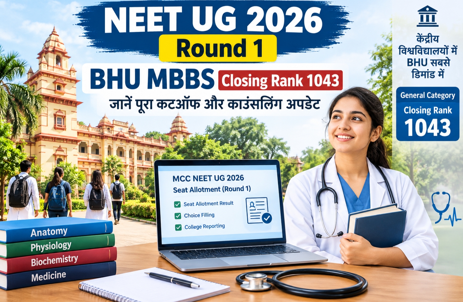 NEET UG 2026 Round 1 में BHU MBBS की 1043 क्लोजिंग रैंक.