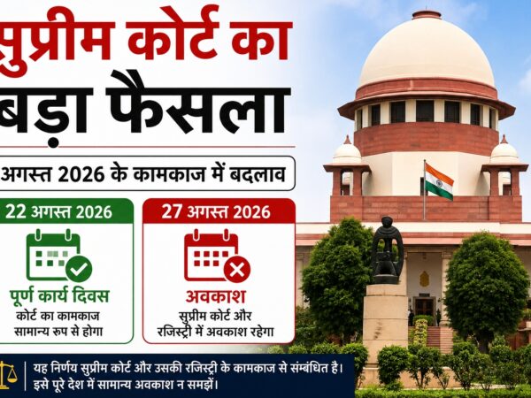 सुप्रीम कोर्ट 22 अगस्त पूर्ण कार्य दिवस और 27 अगस्त अवकाश.