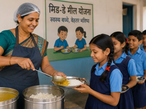 यूपी के सरकारी स्कुल में बच्चो को मिड डे मील परिस्ति रसोईया.