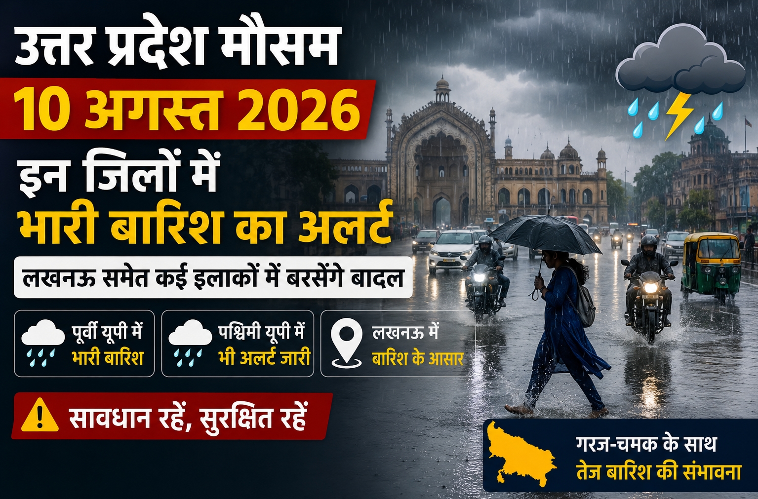 10 अगस्त 2026 को उत्तर प्रदेश में भारी बारिश और मौसम का अलर्ट.
